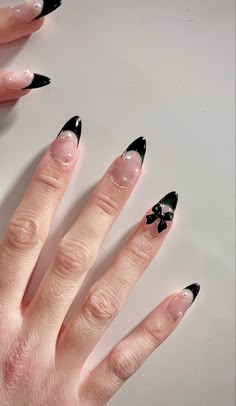 Nails, French tips, black French tips, pretty nails, beautiful nails, Chinese nails, pretty hands, Korean nails, elegant nails, nail art, black nails, nail inspo, black nail inspo, simple nail inspo, pearl nail art, nail art, bow nail art, manicure, gel x, gel x inspo, press on nails, press ons, gel x nails inspo Black Nails Inspiration Almond, Black Elegant Nails Almond, Elegant Almond Nails Classy Black, Black Nail French Tip Designs, Elegant Black And White Nails, Coffin Nail Ideas Black, Almond Nail Summer, Black Almond French Nails, Black Nail Designs Almond