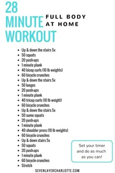 the full body workout plan is shown in blue and white, with instructions for how to do