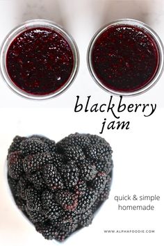 blackberries jam in two bowls with the words blackberry jam on top and below it