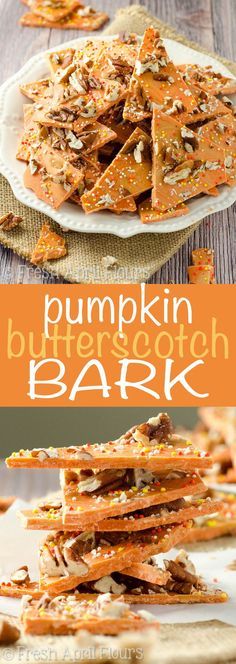 pumpkin butterscotch bark is stacked on top of each other and ready to be eaten