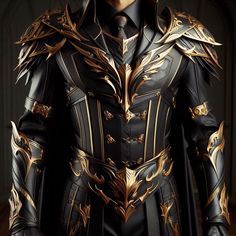 a man dressed in black and gold armor, standing with his hands on his hips