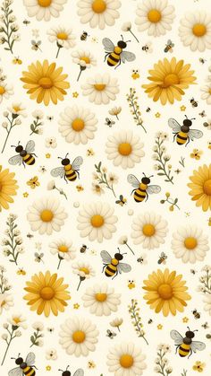 bees and daisies on a white background with yellow centers are featured in this image