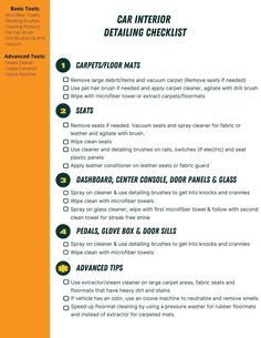 the car interior detailing checklist is shown in green and orange, with instructions on how to