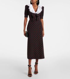 Polka-dot lace-trimmed silk midi dress in black - Alessandra Rich | Mytheresa Hamptons Outfit, Rich Clothes, Midi Dress Style, Alessandra Rich, Silk Midi Dress, Pink Midi Dress, Silk Organza, Blue Midi Dress, White Midi Dress