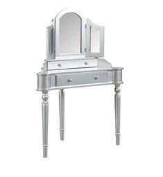 an image of a silver vanity with mirror and stool on white backgrounnd