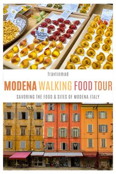 the cover of modern walking food tour showing different types of foods in front of an orange building