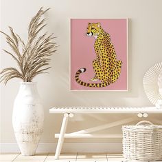 a painting of a cheetah sitting on top of a bench next to a potted plant