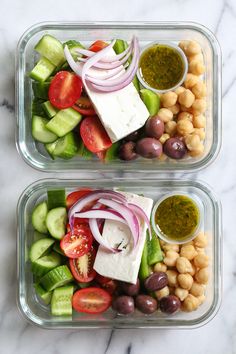 two plastic containers filled with different types of vegetables and sauces next to each other