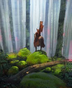 a painting of a person on a horse in the woods