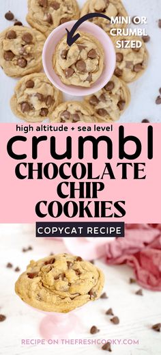 the recipe for crumbl chocolate chip cookies is shown in three different pictures, including one