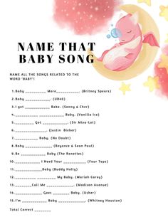 the baby song is shown with stars and clouds