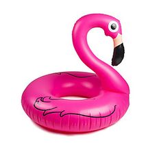 an inflatable pink flamingo float with a black beak on it's head