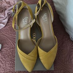 Never Worn Mustard, Yellow Size 8 Franco Sarto Small Wedge Heel Elegant Yellow Platform Heels, Chic Yellow Leather Wedge Sandals, Chic Yellow Wedge Sandals For Party, Chic Yellow High Heel Wedge Sandals, Chic Yellow Ankle Strap Wedge Sandals, Chic Yellow Round Toe Wedge Sandals, Yellow Wedge Heels With Heel Strap, Yellow Wedge Heel Sandals With Heel Strap, Franco Sarto Shoes