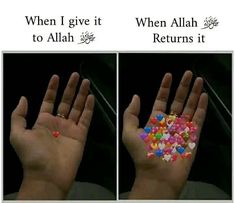 two pictures of someone's hand with hearts on it and the caption when i give it to alham, when alih returns it