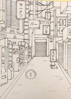 a drawing of an alleyway with lots of storage doors and signs on the walls