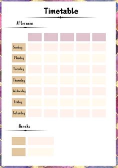 the printable timetable is shown in pink and purple tones, with gold trimmings