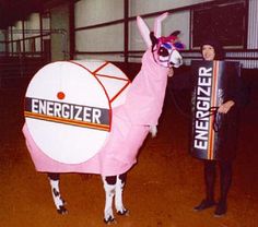 a man standing next to a pink llama wearing a sign that says energizer