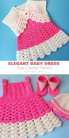 crocheted baby dress and booties are shown in two different pictures, one is pink and the other is white