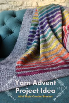 a colorful blanket sitting on top of a blue couch next to a brick wall with text overlay that reads yarn adventure project idea mini skin crochet blanket