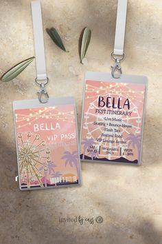 two personalized luggage tags with lights and palm trees on them, one has a name tag attached to it