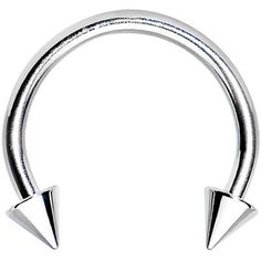 a pair of silver colored metal nose rings with two pointed spikes on each end,