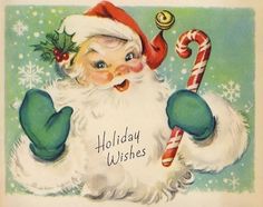 an old fashioned christmas card with a santa clause holding a candy cane