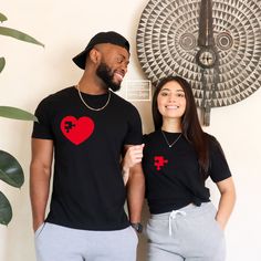 Piece of my Heart Couple's shirts.  These shirts are sold as a set. To order: 1. Select your Man's size.  2. Select your Woman's size. Men's Shirt: Unisex Adult Fit Shirt, you may select this option for the ladies shirt as well.  ►►True to size Unisex Adult fit Shirt►► ♥100% cotton ♥Pre-shrunk ♥Tearaway label ►►Ladies Fitted Tee (As shown in Photo ♥This tee is perfect for those who prefer a more form fitting tee. It has a super feminine figure flattering cut and very soft feel. This shirt is a f Cotton Shirt As A Valentine's Day Gift, Cotton Shirt For Valentine's Day Gift, Black Graphic Print Top For Valentine's Day, Valentine's Day Shirt With Heart Graphic, Valentine's Day Cotton Shirt As Gift, Heart Graphic Shirt For Valentine's Day Gift, Valentine's Day Cotton Crew Neck Shirt, Red Cotton Shirt For Valentine's Day, Short Sleeve Cotton Shirt For Valentine's Day