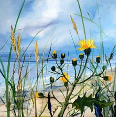 a painting of some yellow flowers on the beach with water in the backgroud