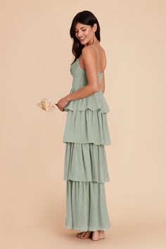 Lola Sage Chiffon Bridesmaid Dress | Birdy Grey Pastel Green Bridesmaid Dress, Single Bridesmaid, Revelry Bridesmaid, Sage Bridesmaid Dress, Gown Chiffon, Bridesmaid Gown Chiffon, Sage Fabric, Flirty Style, Ruffle Tiered Dress