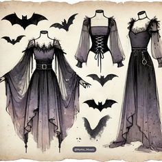 three different styles of dress with bats on them