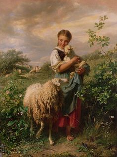 a painting of a woman holding a sheep