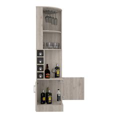 an open cabinet with bottles and glasses on it