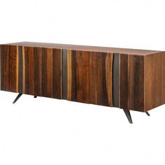 the sideboard is made out of wood and has two metal strips on each side