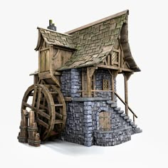 an old wooden house with a water wheel on the front and side, made out of wood