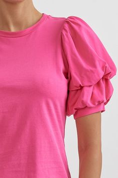 Jane Puff Sleeve Top • Hot Pink Solid half bubble sleeve top featuring elastic at arm. Unlined. Knit. Non-sheer. Lightweight. 100%COTTON Bubble Sleeve Top, Pink Solid, Bubble Sleeve, Puff Sleeve Top, Puff Sleeve, Hot Pink, Sleeve Top, Womens Tops, Elastic