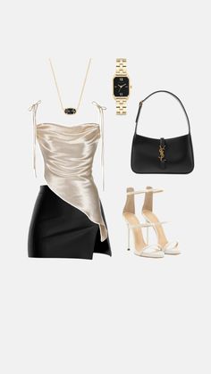 a woman's outfit and accessories including a watch, handbag, heels, purse