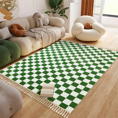 a green and white checkered rug in a living room