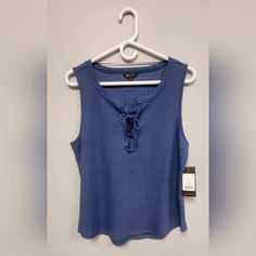 This Is A Brand New, With Tags, Women's, Frye, Sleeveless, Lace Up Front, Ribbed, Shirt, Size Large. Blue Sleeveless Blouse For Spring, Blue Tank Top For Spring, Blue Cotton Sleeveless Tank Top, Blue Cotton Sleeveless Top, Beige Boho, Sheer Tank Top, Ribbed Shirt, Knit Crop Top, Knit Crop