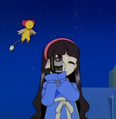 a cartoon character holding a cell phone up to her face with a bird flying in the background