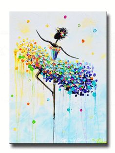 an abstract painting of a woman on top of a pole with colorful paint sprinkles