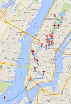 a map with red dots on it showing the location of several locations in manhattan, new york