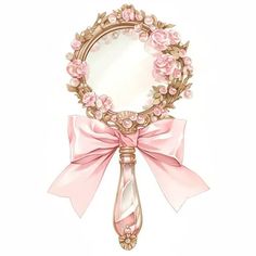 a mirror with a pink bow hanging from it's side and flowers around the edge