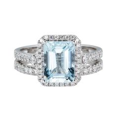 White Gold Emerald Cut Topaz Ring With Halo Setting, White Gold Topaz Ring With Diamond Accents, Emerald Cut, Emerald Cut Aquamarine Diamond Ring With Center Stone, Elegant Wedding Rings, Diamond Ring Set, Helzberg Diamonds, Diamond Engagement Ring Set, Diamond Ring Settings