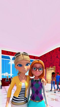 two animated women standing next to each other in front of a red room with people