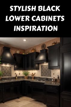 Stylish black kitchen with lower cabinets and backsplash. Black Cabinets With Dark Countertops, Kitchen Ideas With Black Cabinets, Kitchen With Black Appliances, Dark Counters, Black Appliances Kitchen, Dark Countertops, Black Appliances