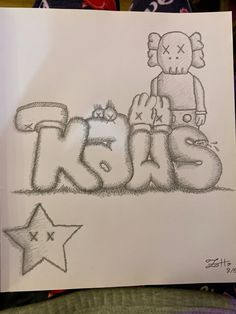 a drawing of a teddy bear sitting on top of the word teds with stars around it