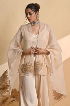 Shop for Jyoti Sachdev Iyer White Tissue Chanderi Asymmetric Cape And Pant Set for Women Online at Aza Fashions Summer Sets With Sheer Dupatta And Cape Sleeves, Summer Wedding Sets With Cape Sleeves, Elegant Summer Cape Set, Elegant Cape Sets For Spring, Elegant Spring Cape Set, Designer Wear Sets With Cape Sleeves For Spring, Satin Color, Asymmetric Hem, Wrap Style