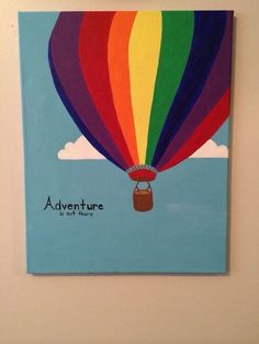 a painting of a hot air balloon with the words adventure is on it's side