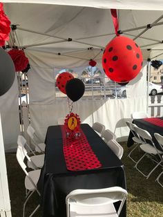 a table set up for a ladybug birthday party