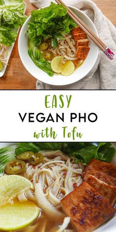 easy vegan pho with tofu and vegetables in a white bowl on a wooden table